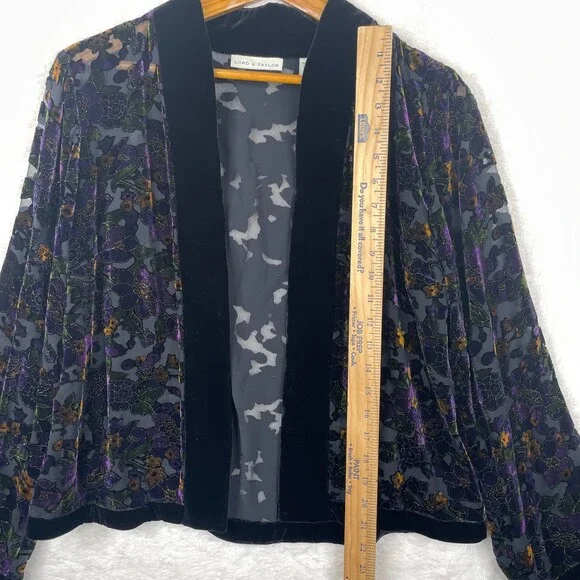 Vintage BurnOut Open Cardigan Womens S/M Floral Black Velvet Trim Dark Fairy - Picture 8 of 15